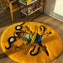 Adventure Cartoon Tufted Rug – Funny Yellow Oval Floor Mat for Bedroom, Living Room & Anime Fans Decor