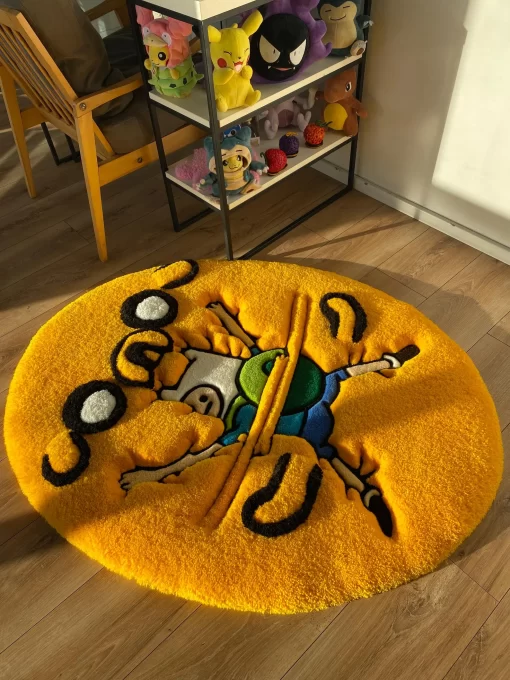 Adventure Cartoon Tufted Rug – Funny Yellow Oval Floor Mat for Bedroom, Living Room & Anime Fans Decor
