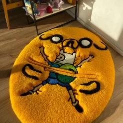 Adventure Cartoon Tufted Rug – Funny Yellow Oval Floor Mat for Bedroom, Living Room & Anime Fans Decor