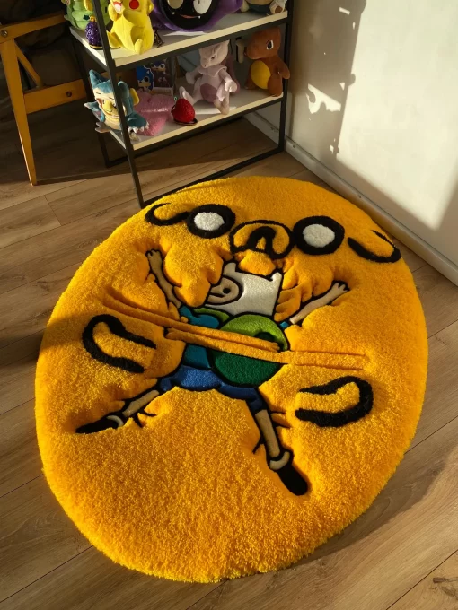 Adventure Cartoon Tufted Rug – Funny Yellow Oval Floor Mat for Bedroom, Living Room & Anime Fans Decor
