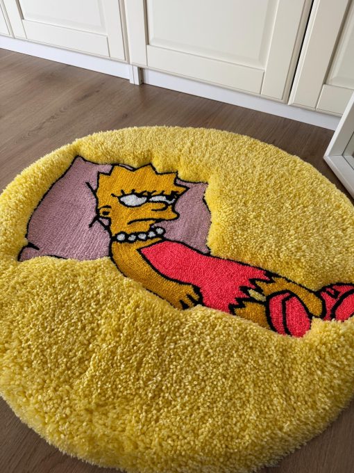 Simpson Tufted Rug – Lazy Cartoon Girl Tufted Rug – Funny Round Yellow Floor Mat for Bedroom Decor & Anime Fans, Soft Fluffy Carpet for Girls Room