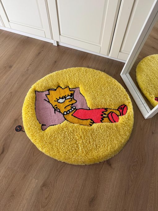 Simpson Tufted Rug – Lazy Cartoon Girl Tufted Rug – Funny Round Yellow Floor Mat for Bedroom Decor & Anime Fans, Soft Fluffy Carpet for Girls Room