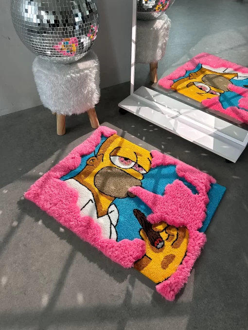 Trippy Homer Simpson Rug – Funny Tufted Weed Rug with Blunt, Psychedelic Cartoon Decor for Stoner Room & Chill Vibes