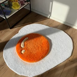 Fluffy Fried Egg Rug – Cute Tufted Breakfast Rug, Handmade Sunny Side Up Carpet, Funny Food Decor for Kitchen, Bedroom or Dorm