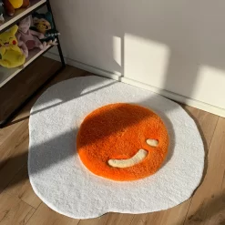 Fluffy Fried Egg Rug – Cute Tufted Breakfast Rug, Handmade Sunny Side Up Carpet, Funny Food Decor for Kitchen, Bedroom or Dorm