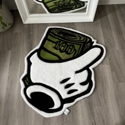 Money Roll Rug – Mickey Glove Hand Holding Cash, Hip Hop Streetwear Decor, Trap House Rug, Dope Room Aesthetic