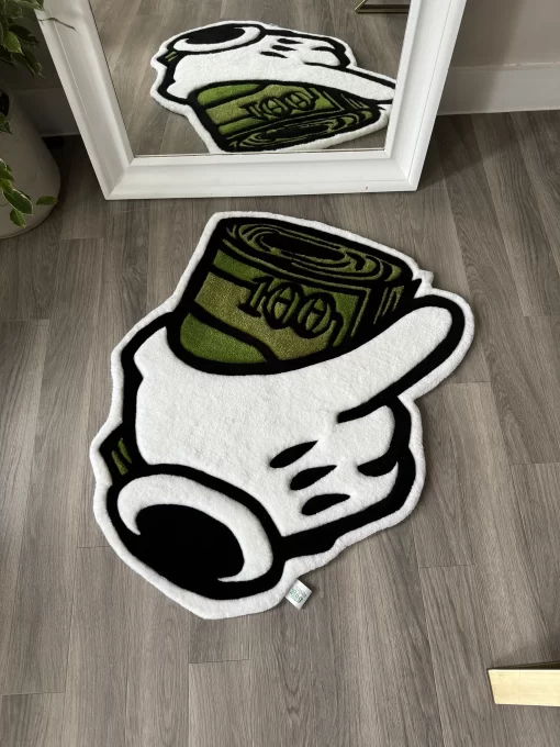 Money Roll Rug – Mickey Glove Hand Holding Cash, Hip Hop Streetwear Decor, Trap House Rug, Dope Room Aesthetic